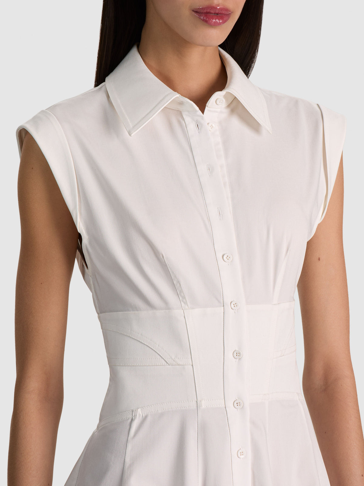 KIM PANELED CORSET FLARED MINI SHIRT DRESS - OFF WHITE