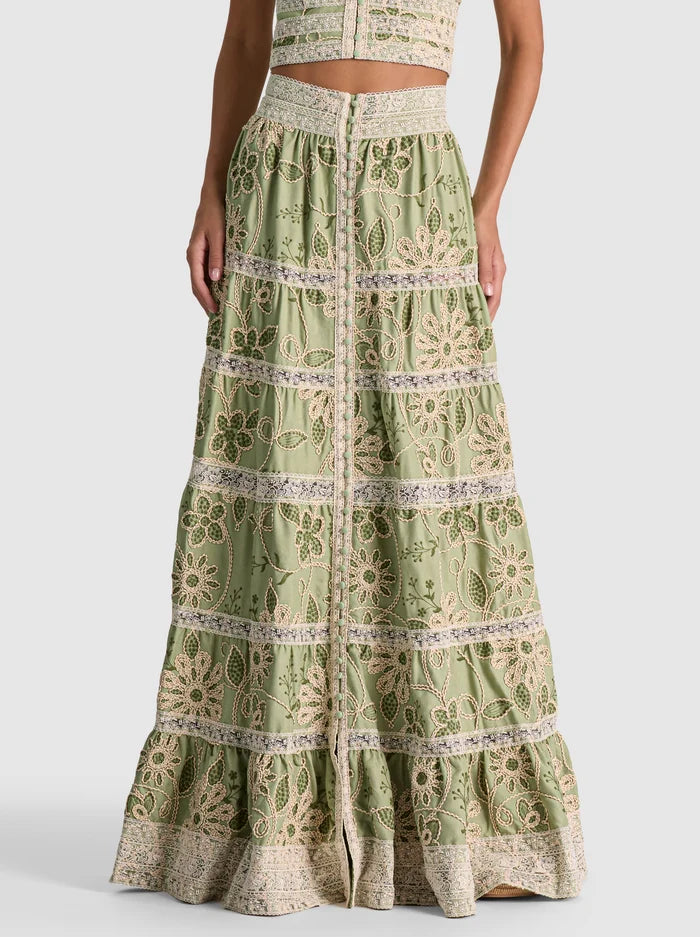 ADIRA EMBROIDERED MAXI SKIRT-GREEN LILY/OATMEAL-ALICE + OLIVIA