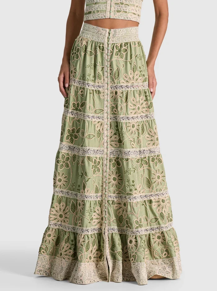 ADIRA EMBROIDERED MAXI SKIRT - GREEN LILY/OATMEAL (Asian fit)