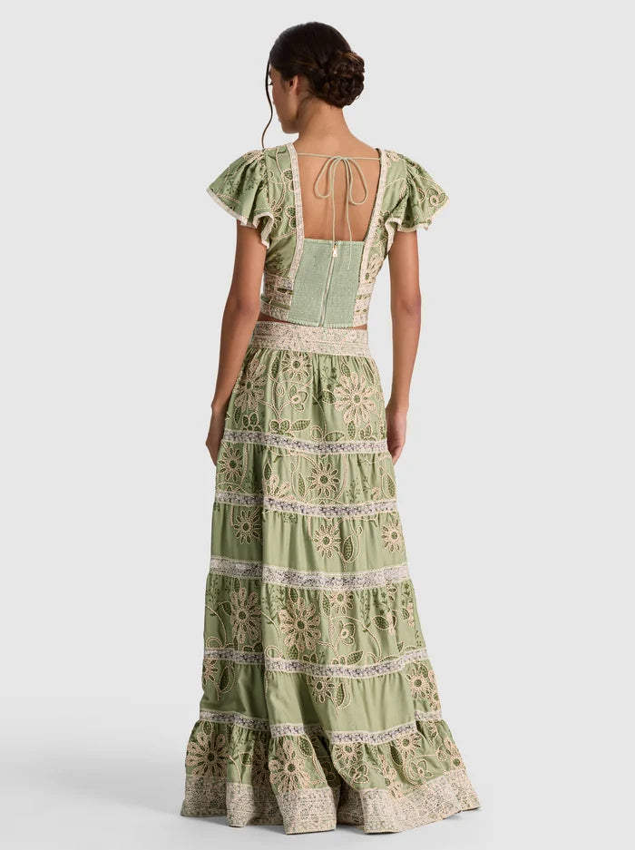 ADIRA EMBROIDERED MAXI SKIRT-GREEN LILY/OATMEAL-ALICE + OLIVIA