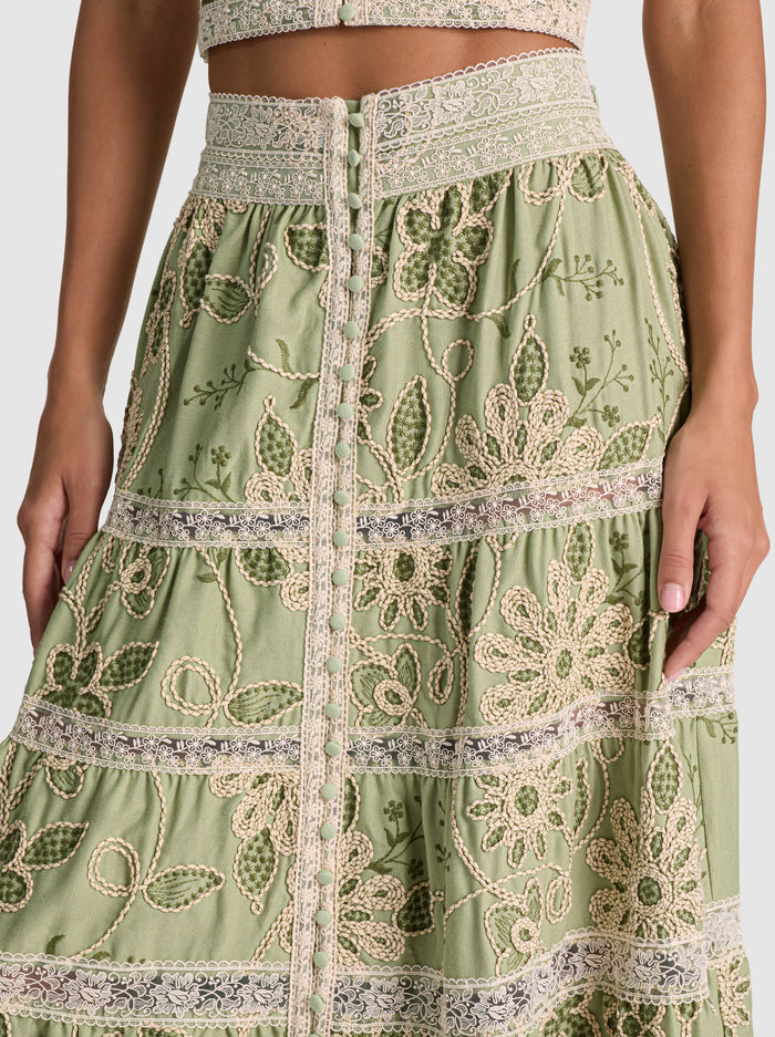 ADIRA EMBROIDERED MAXI SKIRT-GREEN LILY/OATMEAL-ALICE + OLIVIA