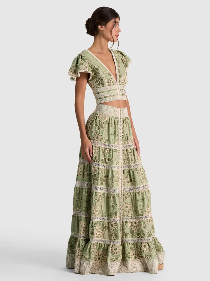 ADIRA EMBROIDERED MAXI SKIRT-GREEN LILY/OATMEAL-ALICE + OLIVIA
