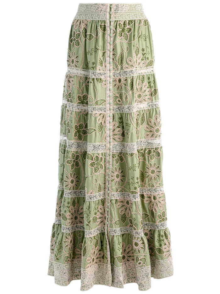 ADIRA EMBROIDERED MAXI SKIRT-GREEN LILY/OATMEAL-ALICE + OLIVIA