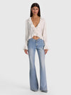 SKYE LACE APPLIQUE V NK RUFFLE CROPPED BLOUSE-ALICE + OLIVIA