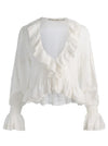 SKYE LACE APPLIQUE V NK RUFFLE CROPPED BLOUSE-ALICE + OLIVIA