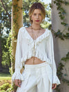 SKYE LACE APPLIQUE V NK RUFFLE CROPPED BLOUSE-ALICE + OLIVIA