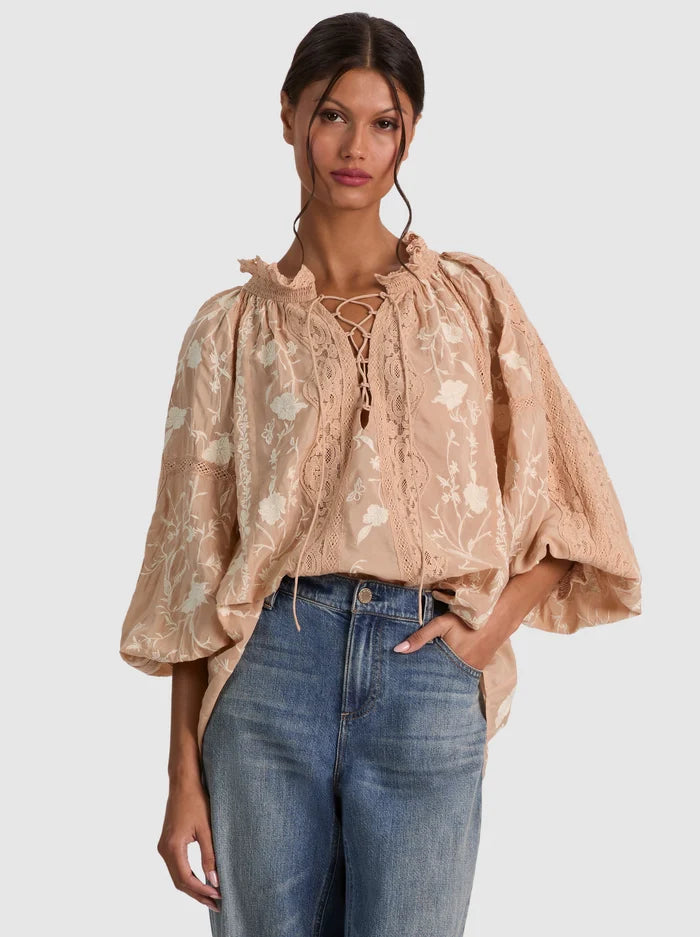 NORAH EMBR LACE FRONT BLOUSE-ALICE + OLIVIA