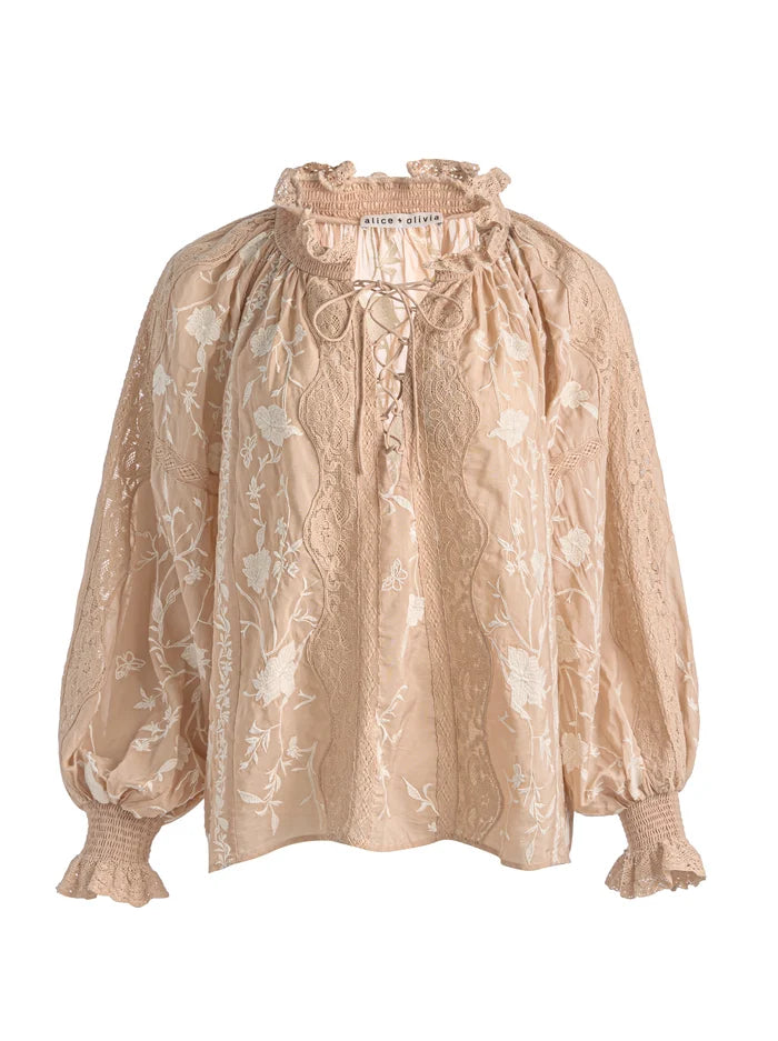NORAH EMBR LACE FRONT BLOUSE-ALICE + OLIVIA