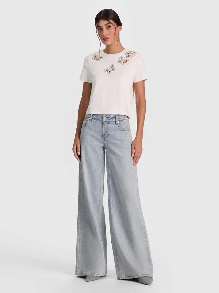 CINDY EMBELLISHED CUTOUT TEE-OFF WHITE/SILVER CRYSTAL-ALICE + OLIVIA