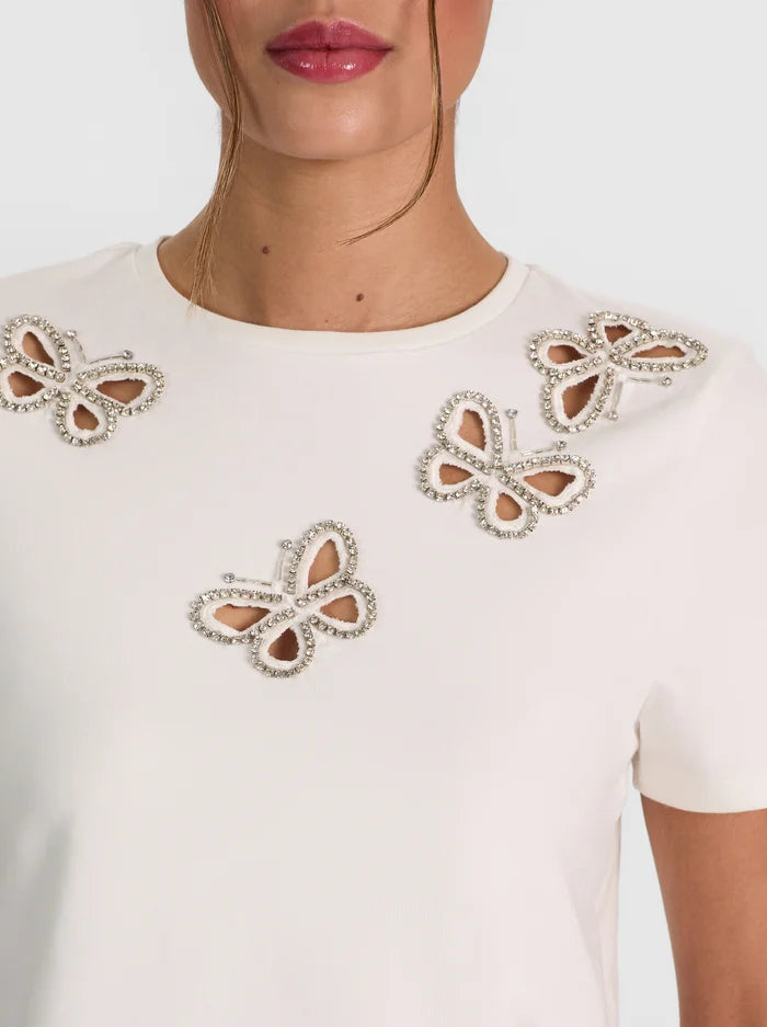 CINDY EMBELLISHED CUTOUT TEE-OFF WHITE/SILVER CRYSTAL-ALICE + OLIVIA