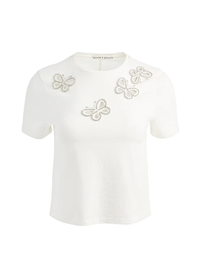 CINDY EMBELLISHED CUTOUT TEE-OFF WHITE/SILVER CRYSTAL-ALICE + OLIVIA
