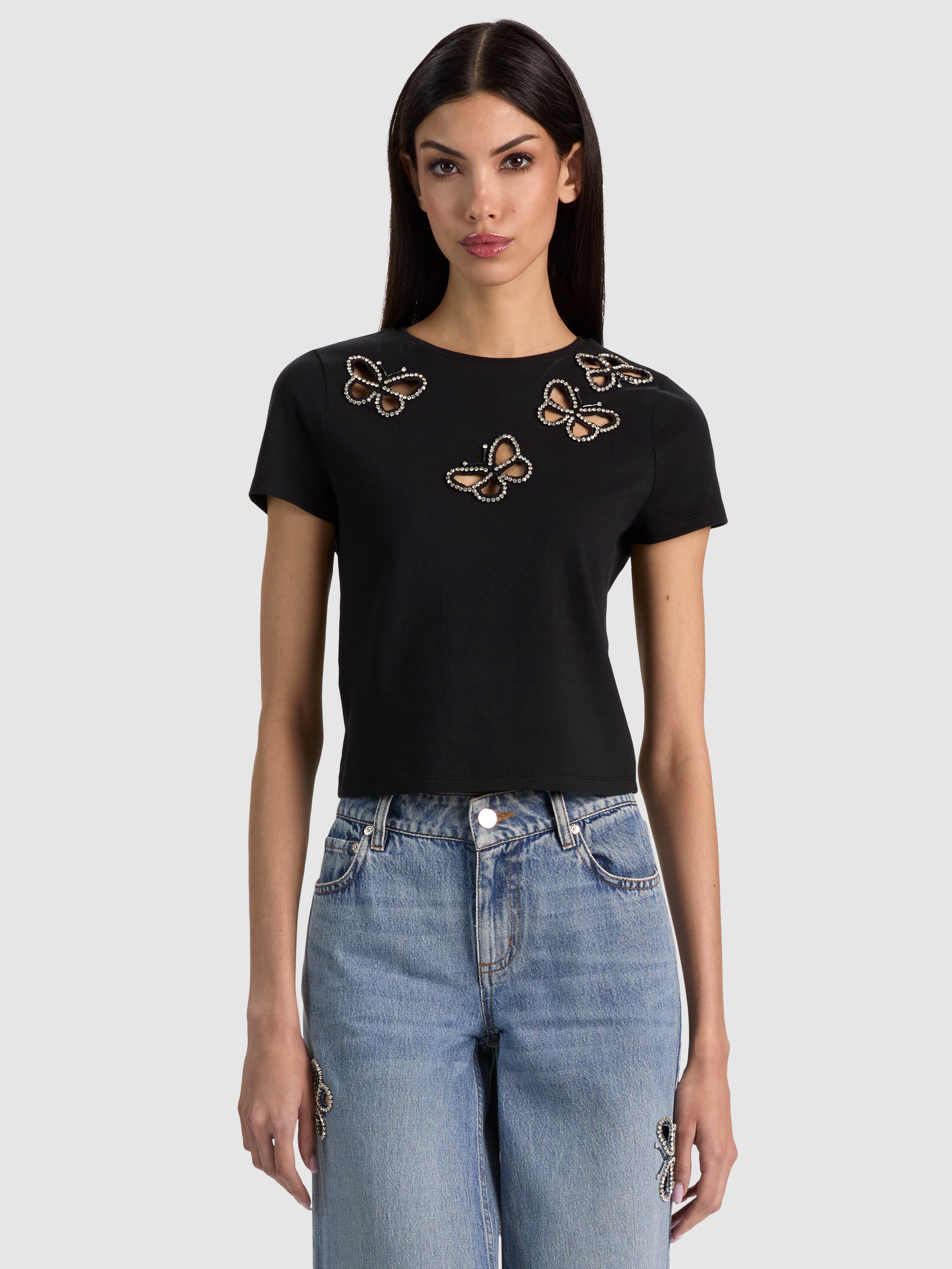 CINDY EMBELL CROPPED TEE W CUTOUTS
