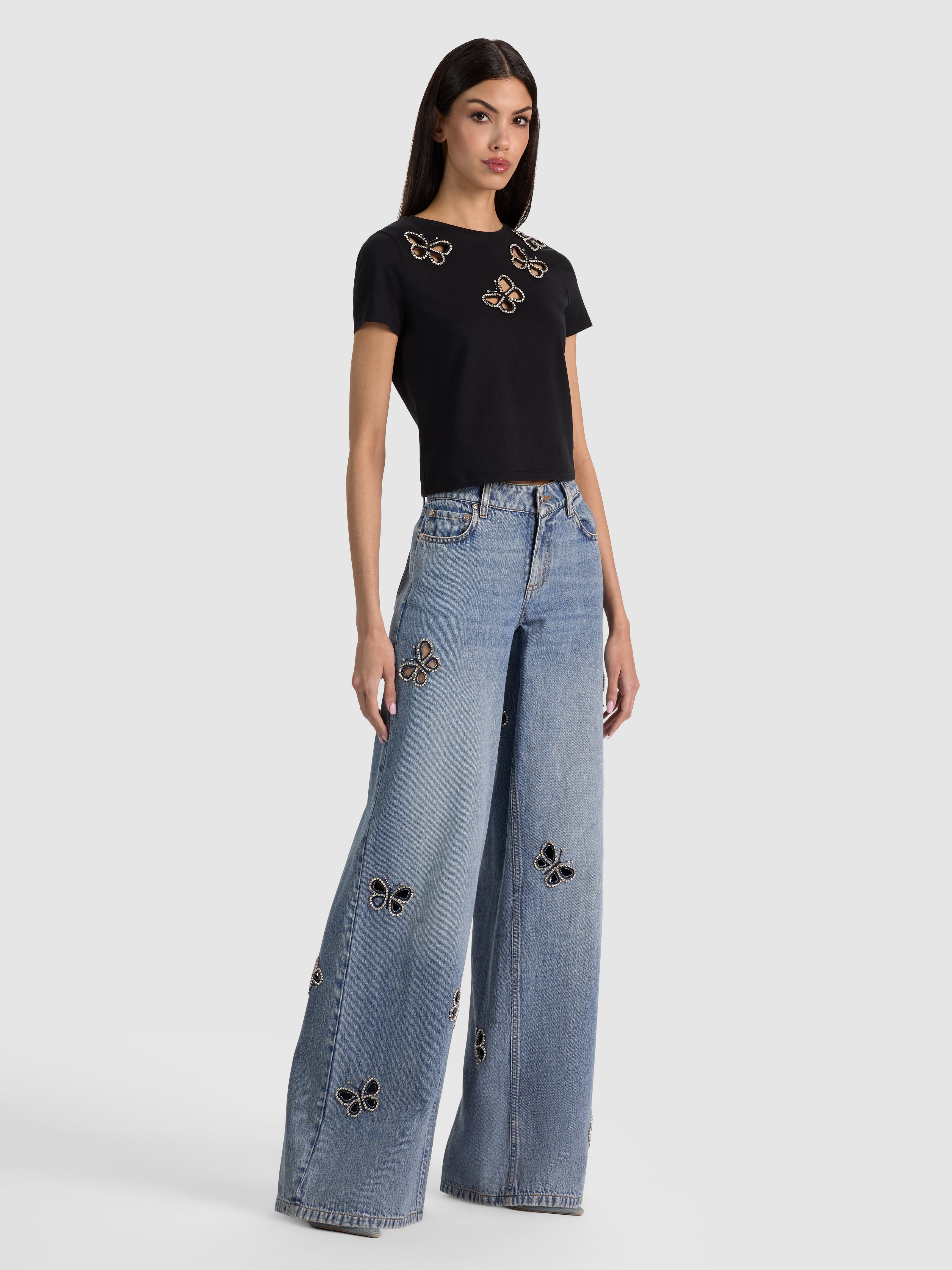 CINDY EMBELL CROPPED TEE W CUTOUTS-ALICE + OLIVIA