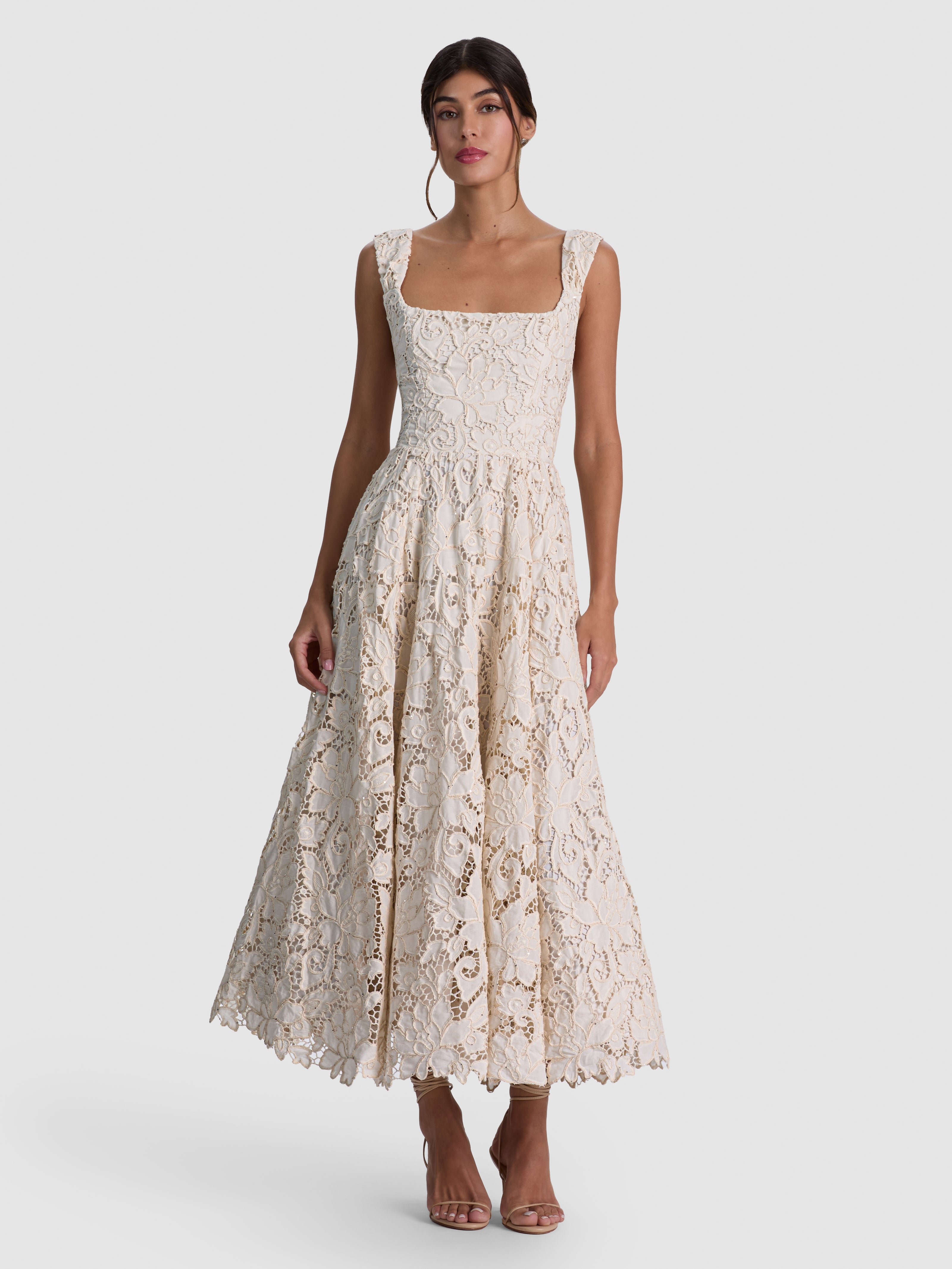 ESMA SQ NK FLARED MIDI DRESS W BELT - NATURAL