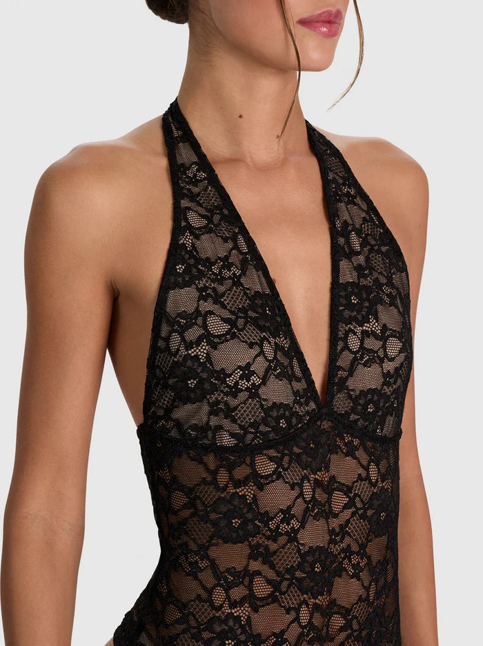 LINA PLUNGING V NK HALTER LACE BODYSUIT-ALICE + OLIVIA