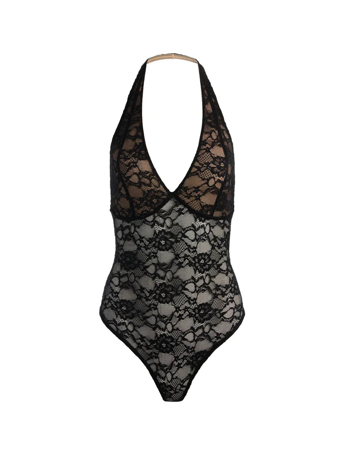 LINA PLUNGING V NK HALTER LACE BODYSUIT-ALICE + OLIVIA