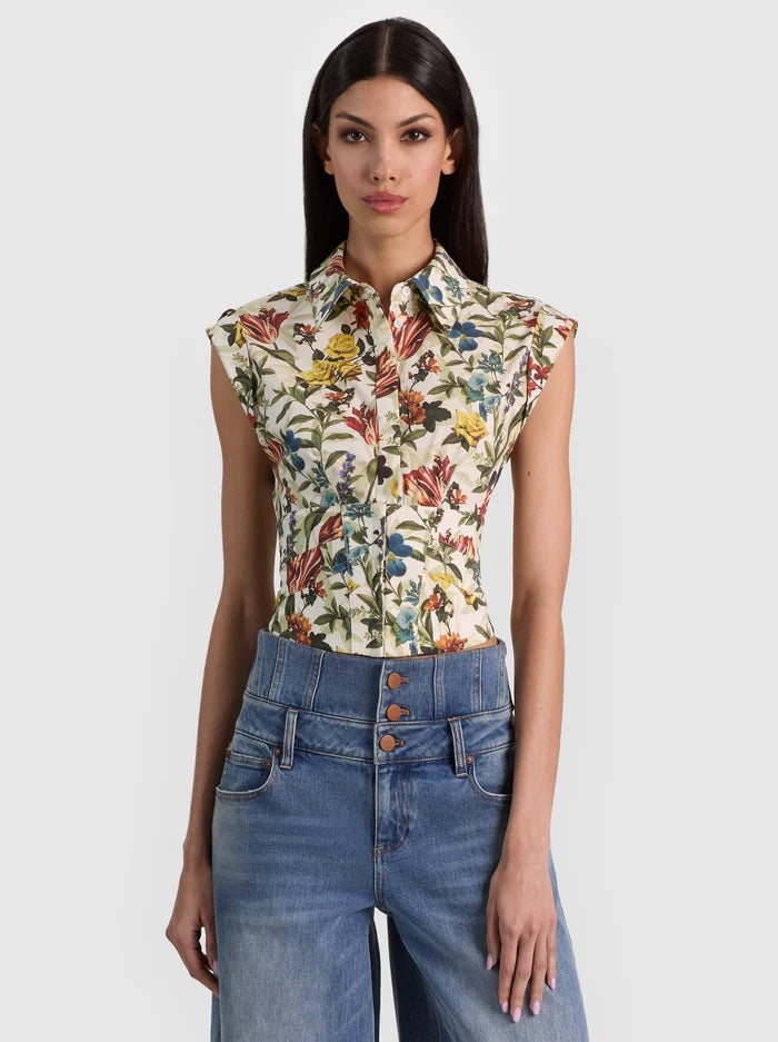 KIM PANELED CORSET FITTED TOP-DESERT SPRIGS VANILLA-ALICE + OLIVIA