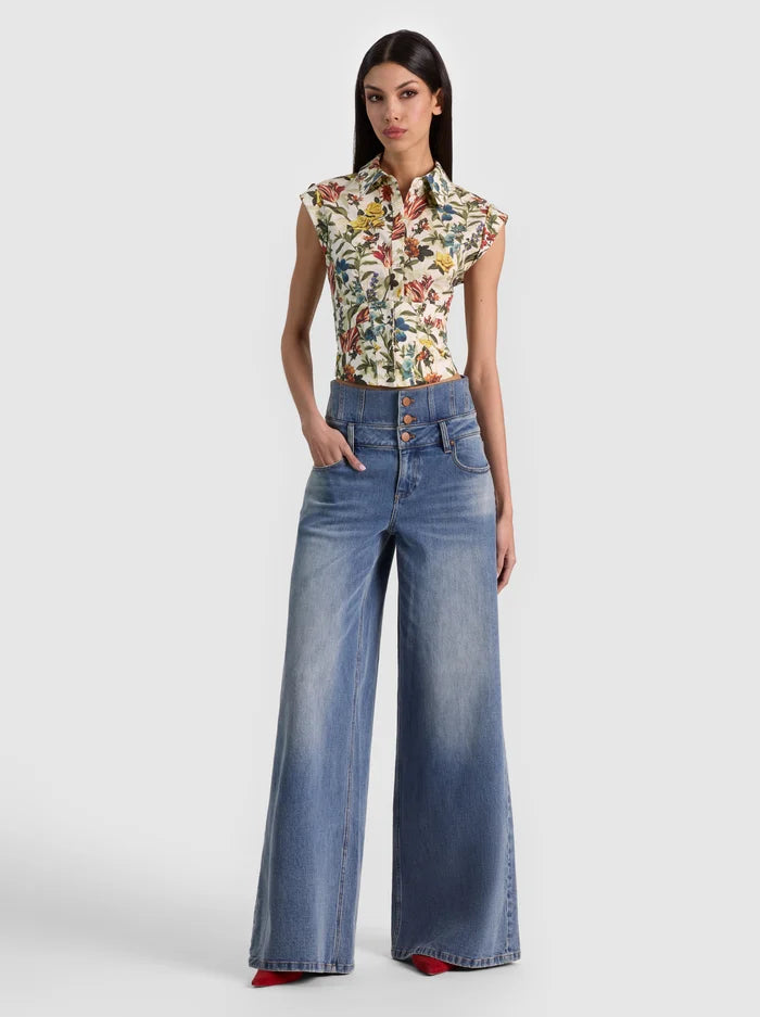 KIM PANELED CORSET FITTED TOP-DESERT SPRIGS VANILLA-ALICE + OLIVIA