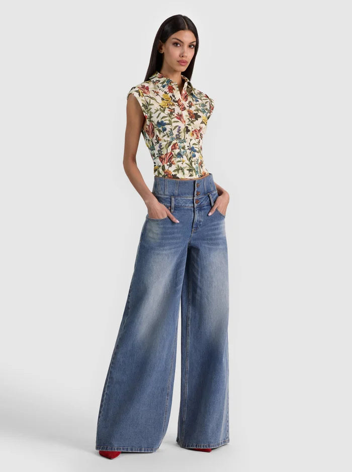 KIM PANELED CORSET FITTED TOP-DESERT SPRIGS VANILLA-ALICE + OLIVIA