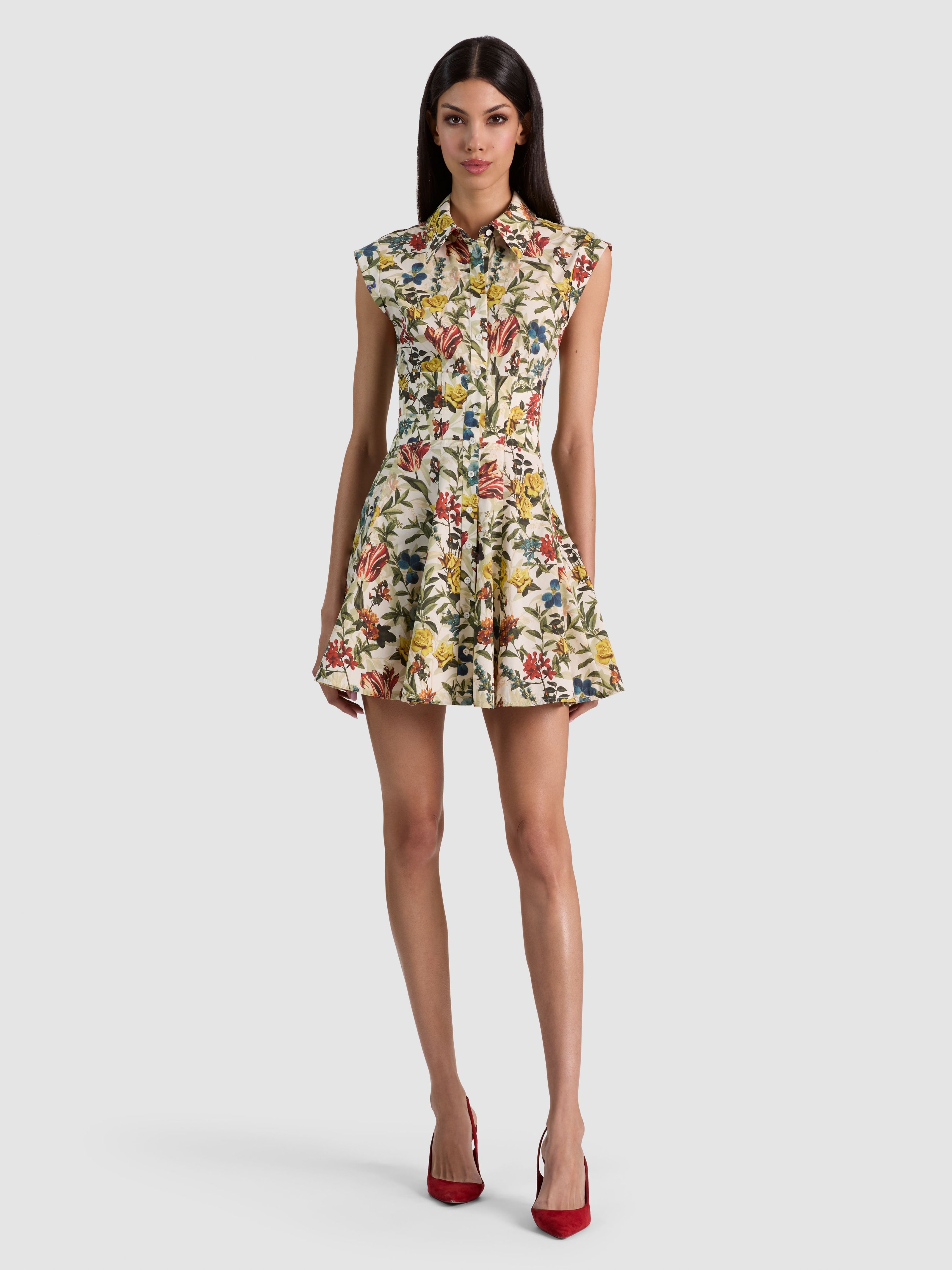 KIM PANELED CORSET FLARED MINI SHIRT DRESS-ALICE + OLIVIA