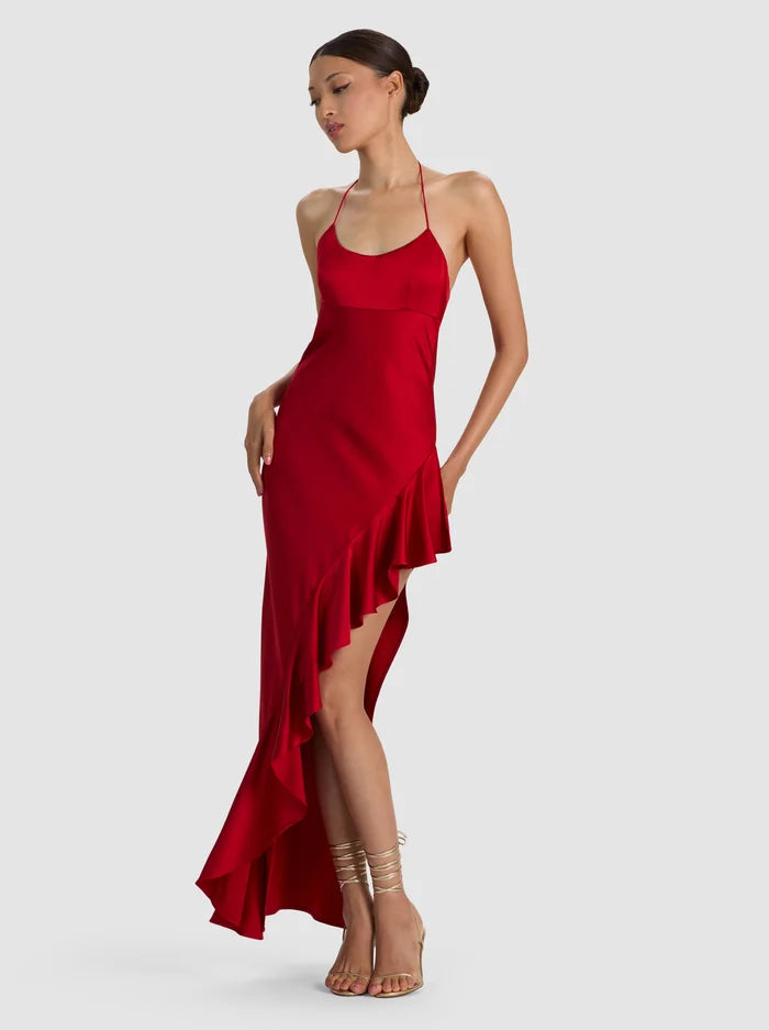 PALMA ASYMM RUFFLE SLIP DRESS - HIBISCUS