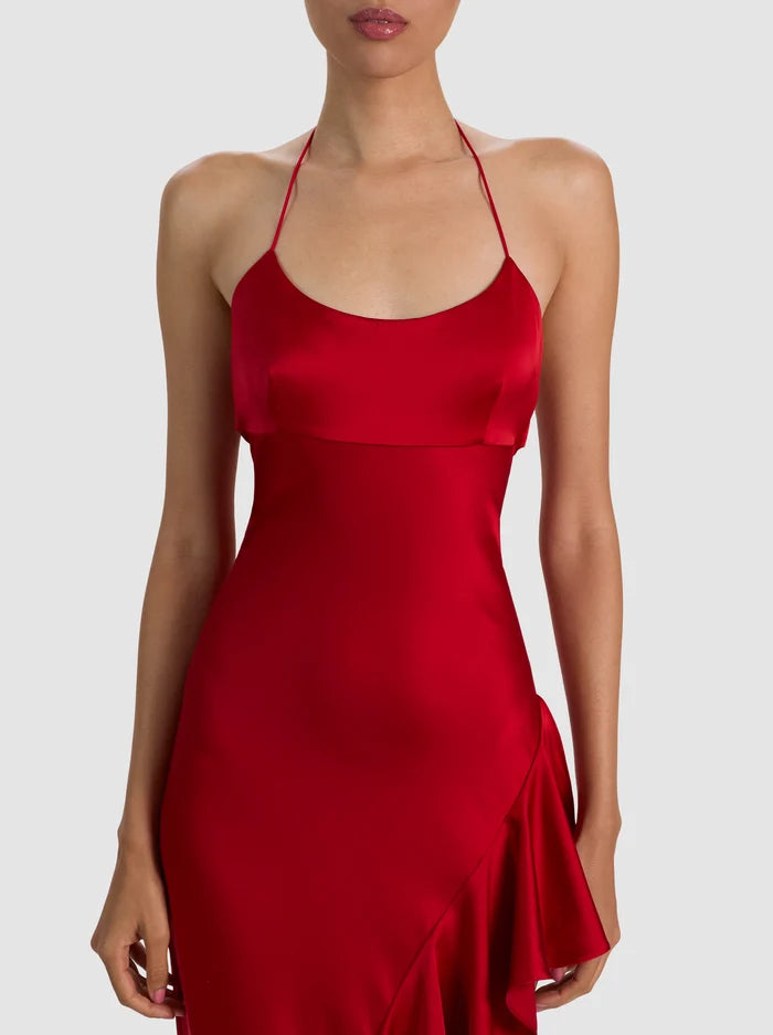 PALMA ASYMM RUFFLE SLIP DRESS - HIBISCUS