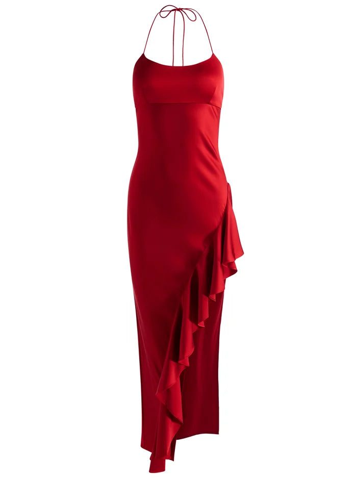 PALMA ASYMM RUFFLE SLIP DRESS - HIBISCUS