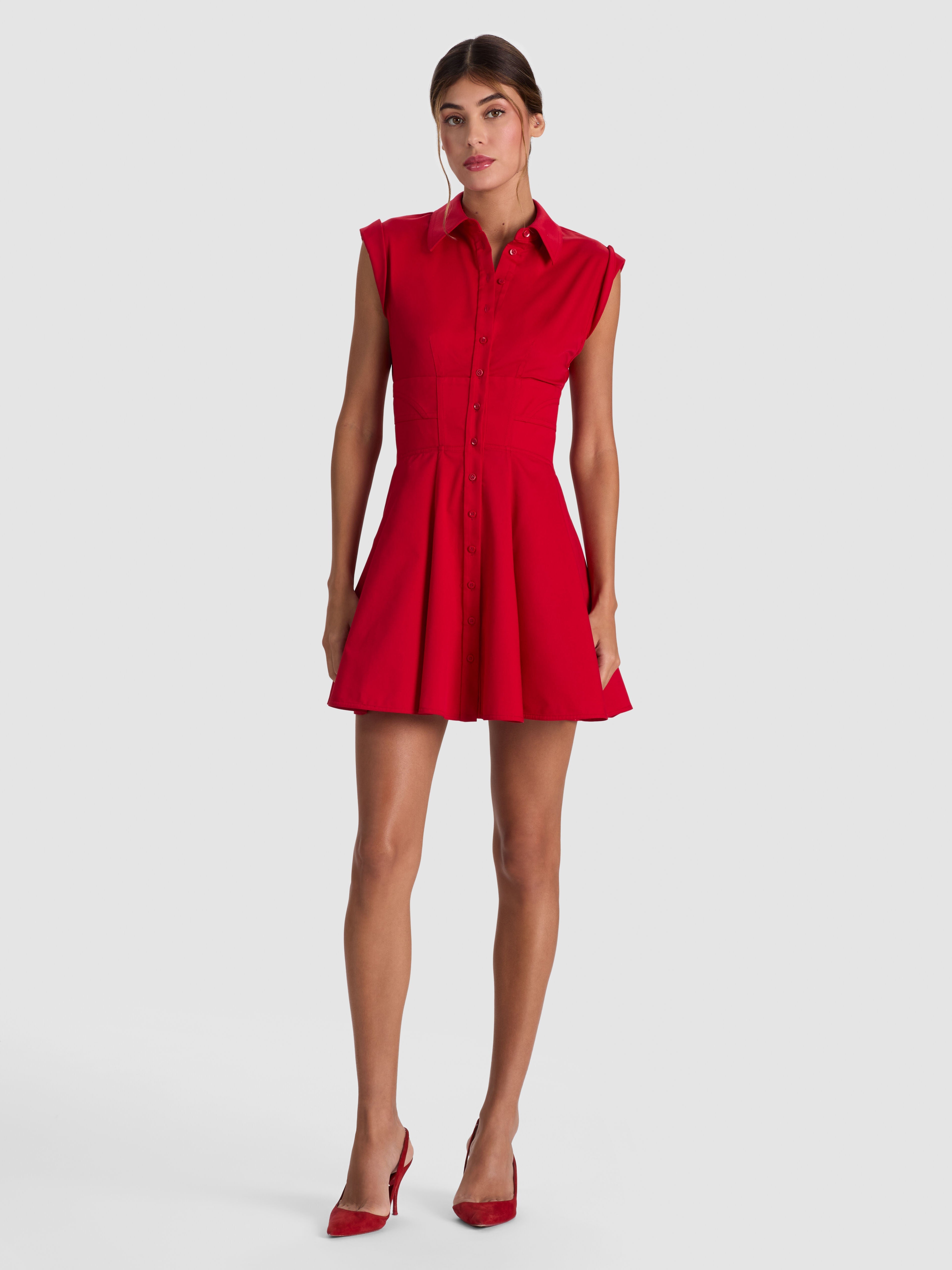 KIM PANELED CORSET FLARED MINI SHIRT DRESS-ALICE + OLIVIA