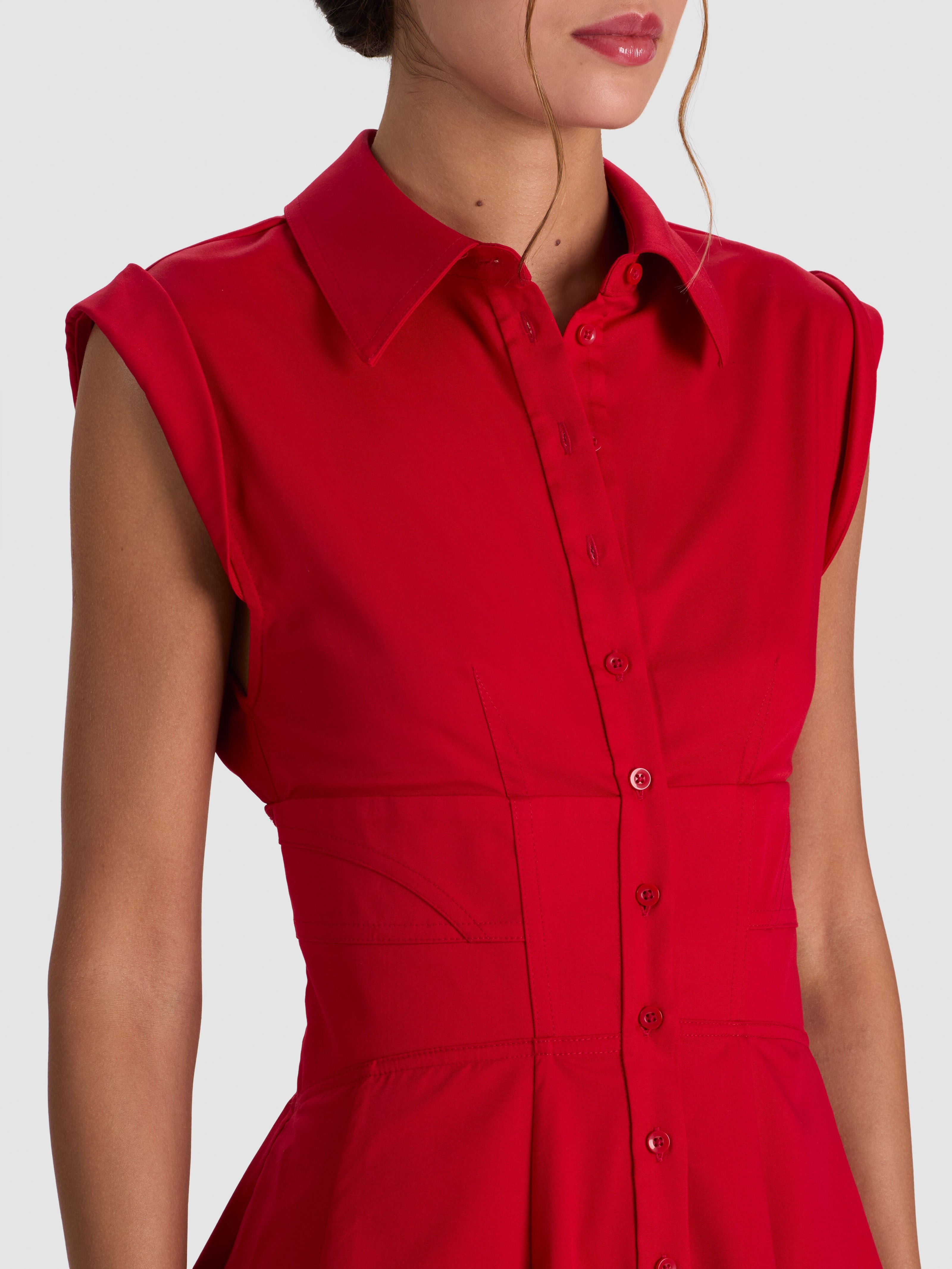 KIM PANELED CORSET FLARED MINI SHIRT DRESS - HIBISCUS