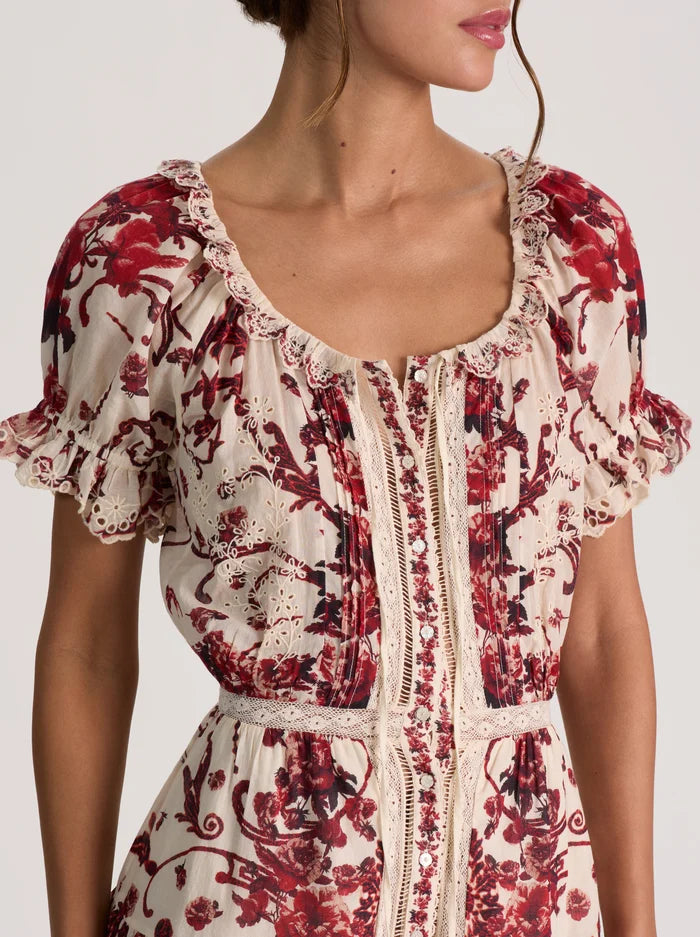 MCLAINE EMBR PUFF SLV BTN DWN TIERED MINI DRESS-ALICE + OLIVIA