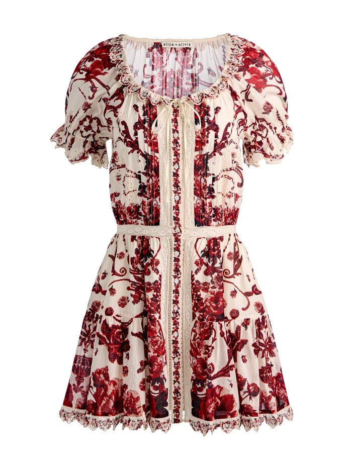 MCLAINE EMBR PUFF SLV BTN DWN TIERED MINI DRESS-ALICE + OLIVIA