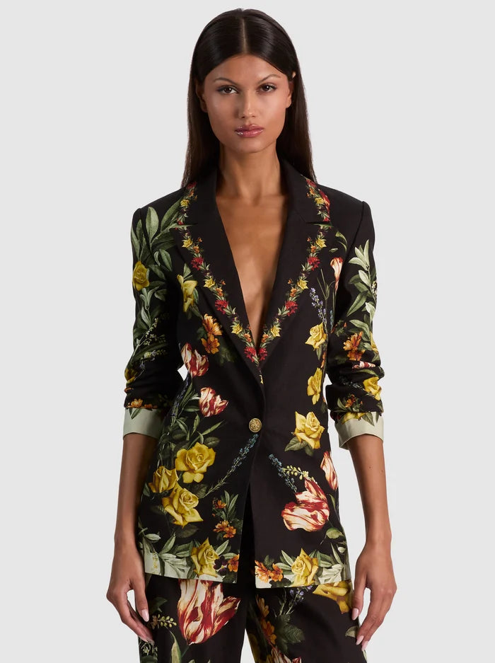 DENNY SLIM NOTCH COLLAR BOYFRIEND BLAZER-DESERT SPRIGS BLACK-ALICE + OLIVIA
