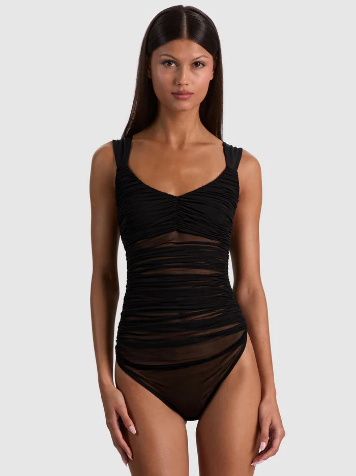RENEE SHEER SOFT V NK RUCHED TANK BODYSUIT-ALICE + OLIVIA