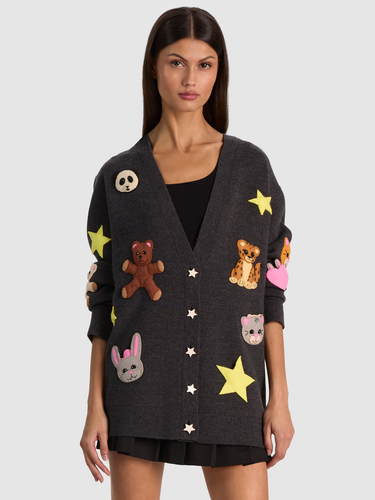 BRADFORD APPLIQUE CARDIGAN - CHARCOAL HEATHER GREY MULTI