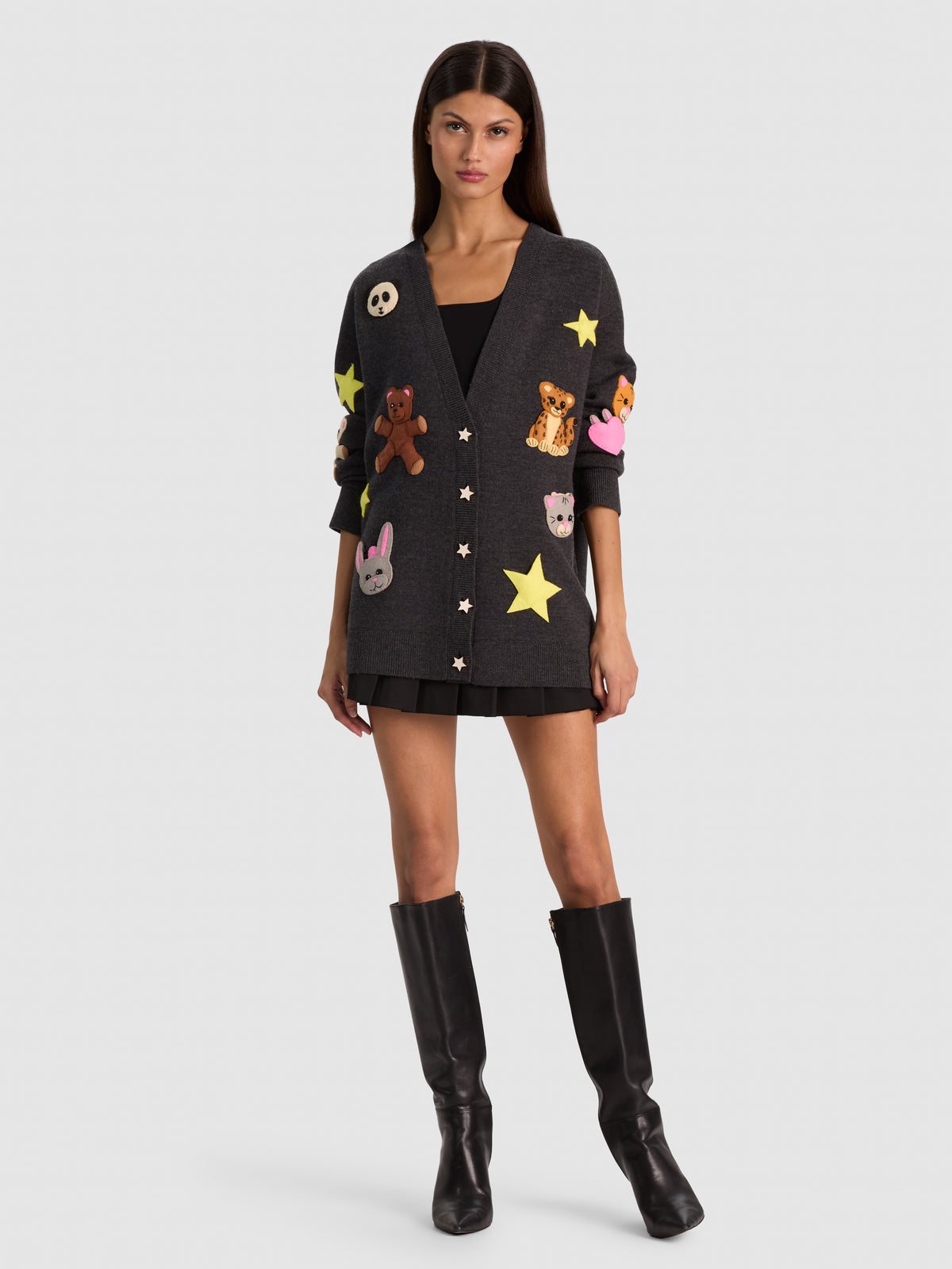 BRADFORD APPLIQUE CARDIGAN - CHARCOAL HEATHER GREY MULTI