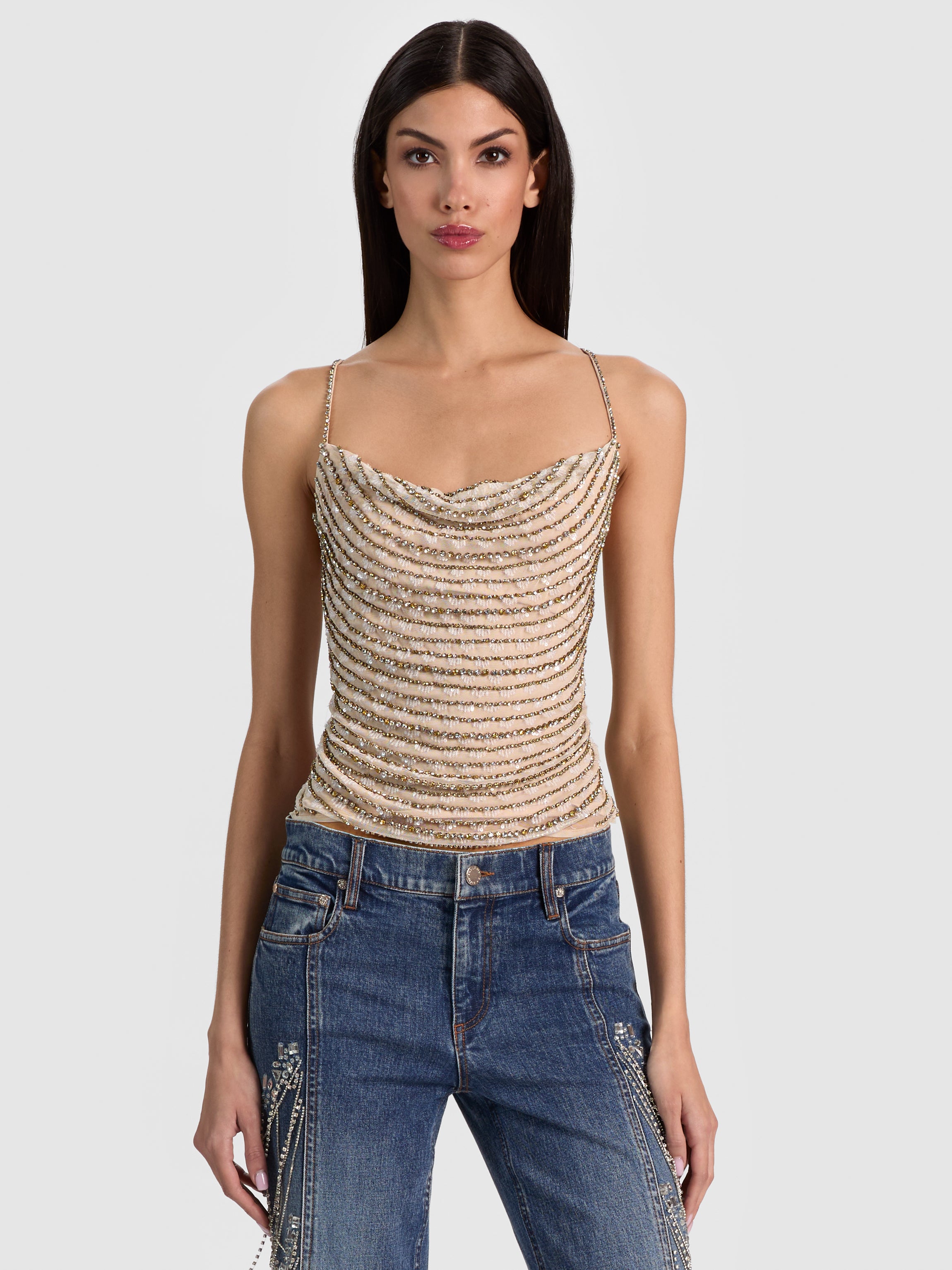 HARMON DRAPED CRYSTAL CROPPED TANK
