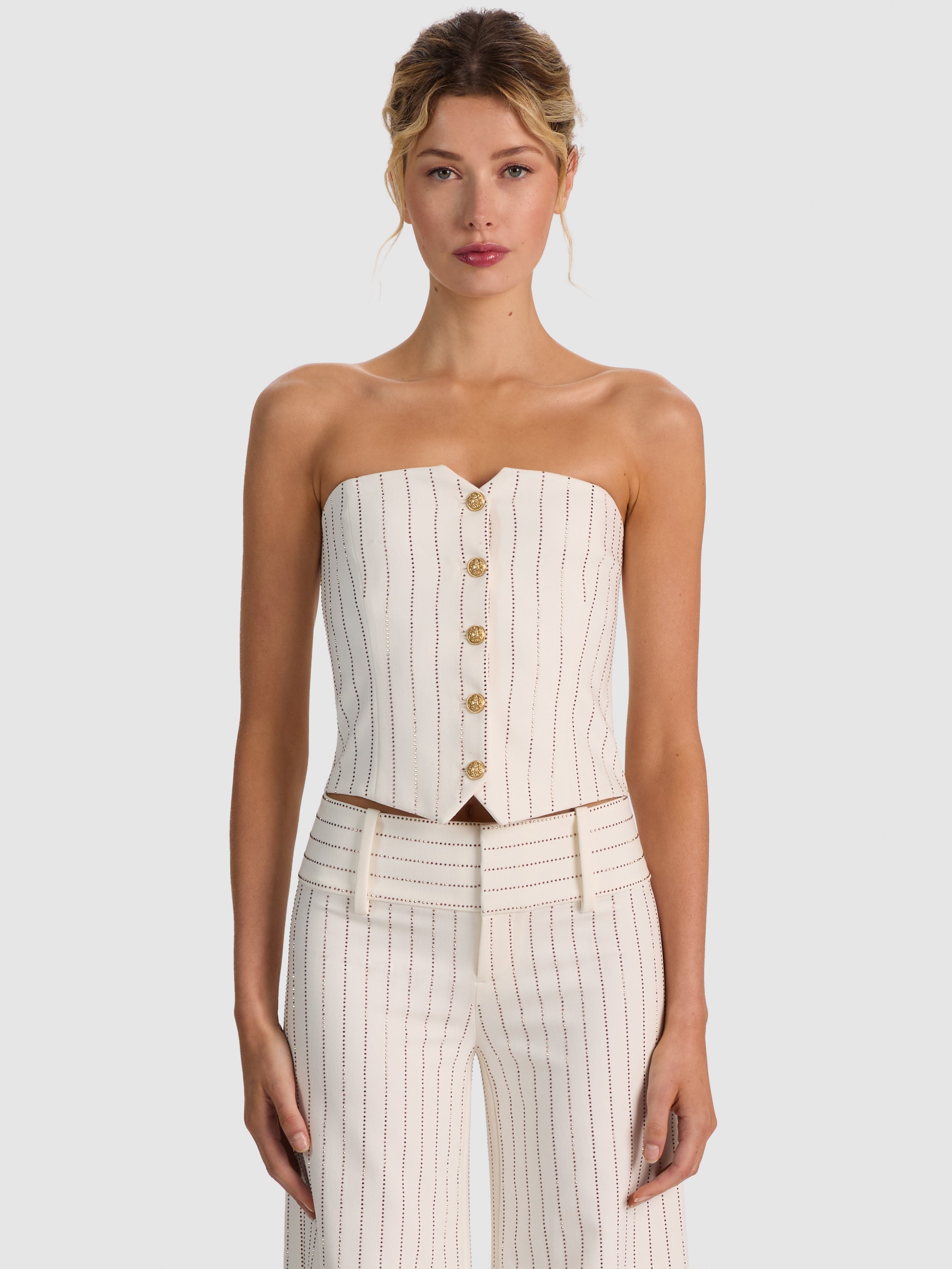 KELCEY EMBELL STRAPLESS BTN DWN VEST TOP - OFF WHITE/GOLD