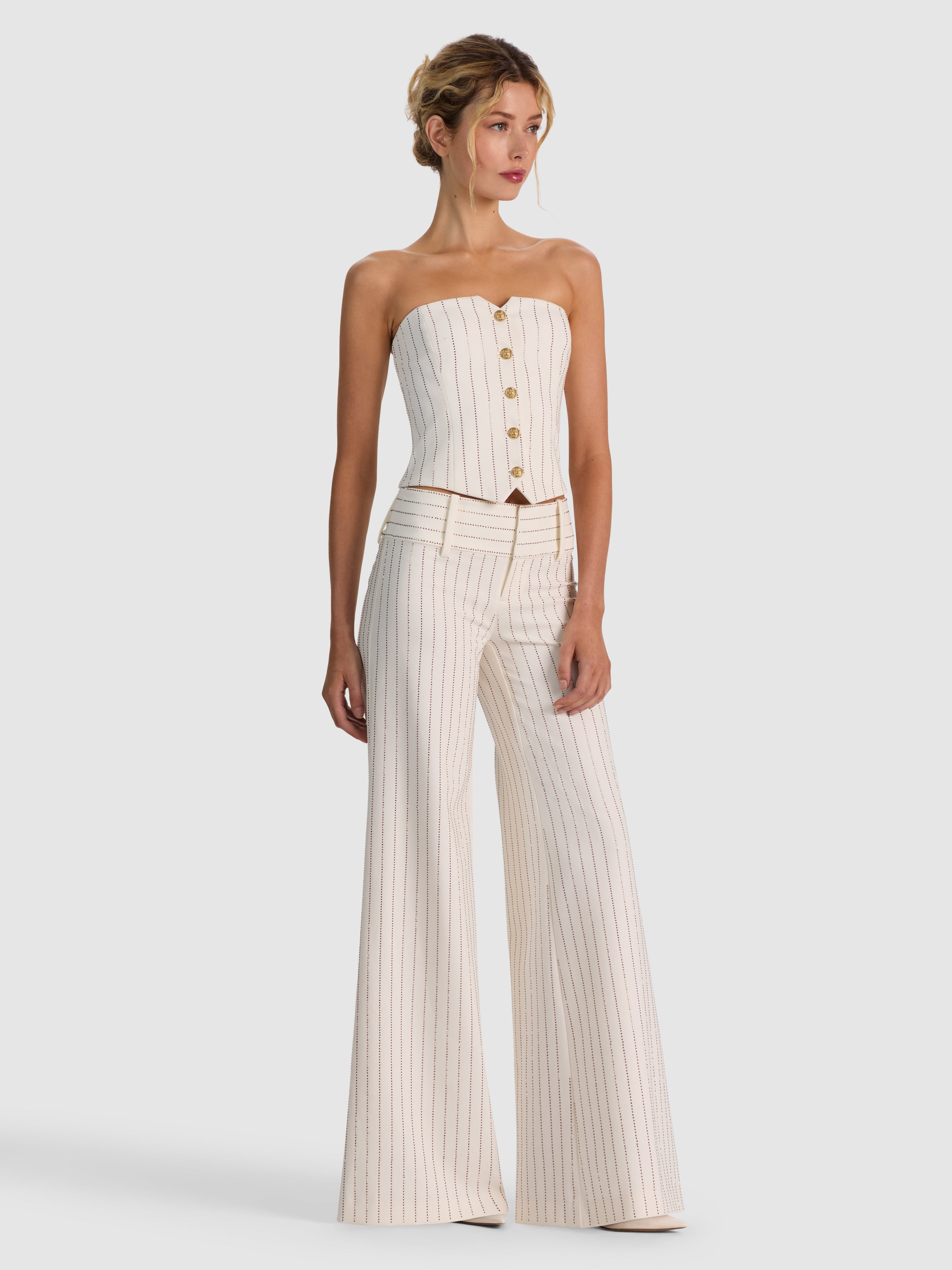 KELCEY EMBELL STRAPLESS BTN DWN VEST TOP - OFF WHITE/GOLD
