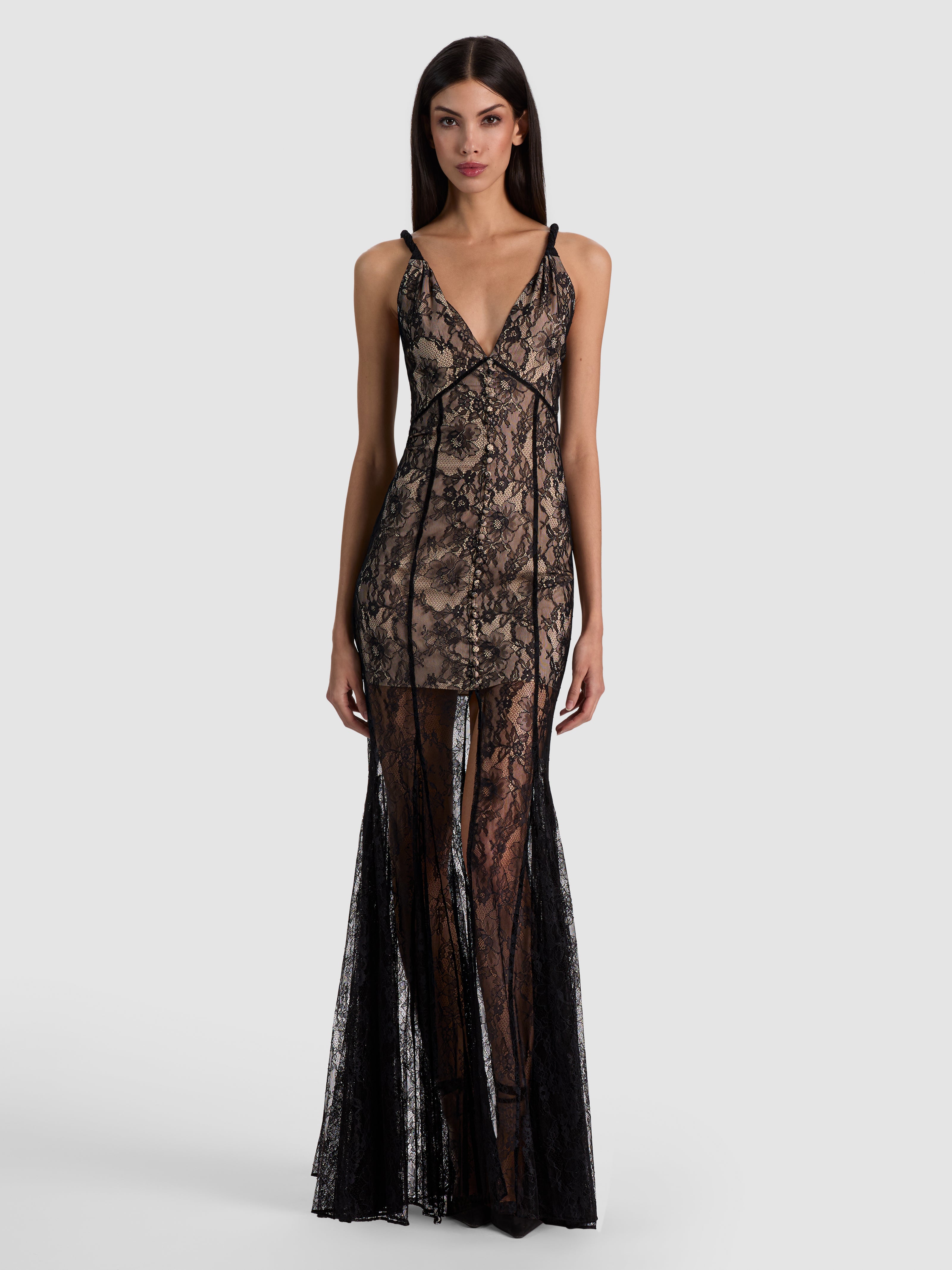 ALANA TWIST STRAP LACE GODET MAXI DRESS-ALICE + OLIVIA