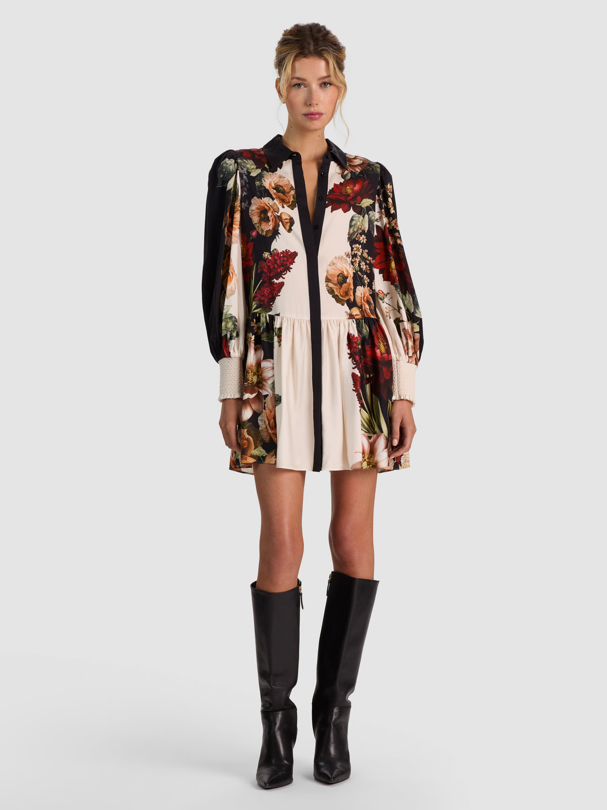 BERTHA BLOUSON SLEEVE SHIRT DRESS - FLORAL RADIANCE