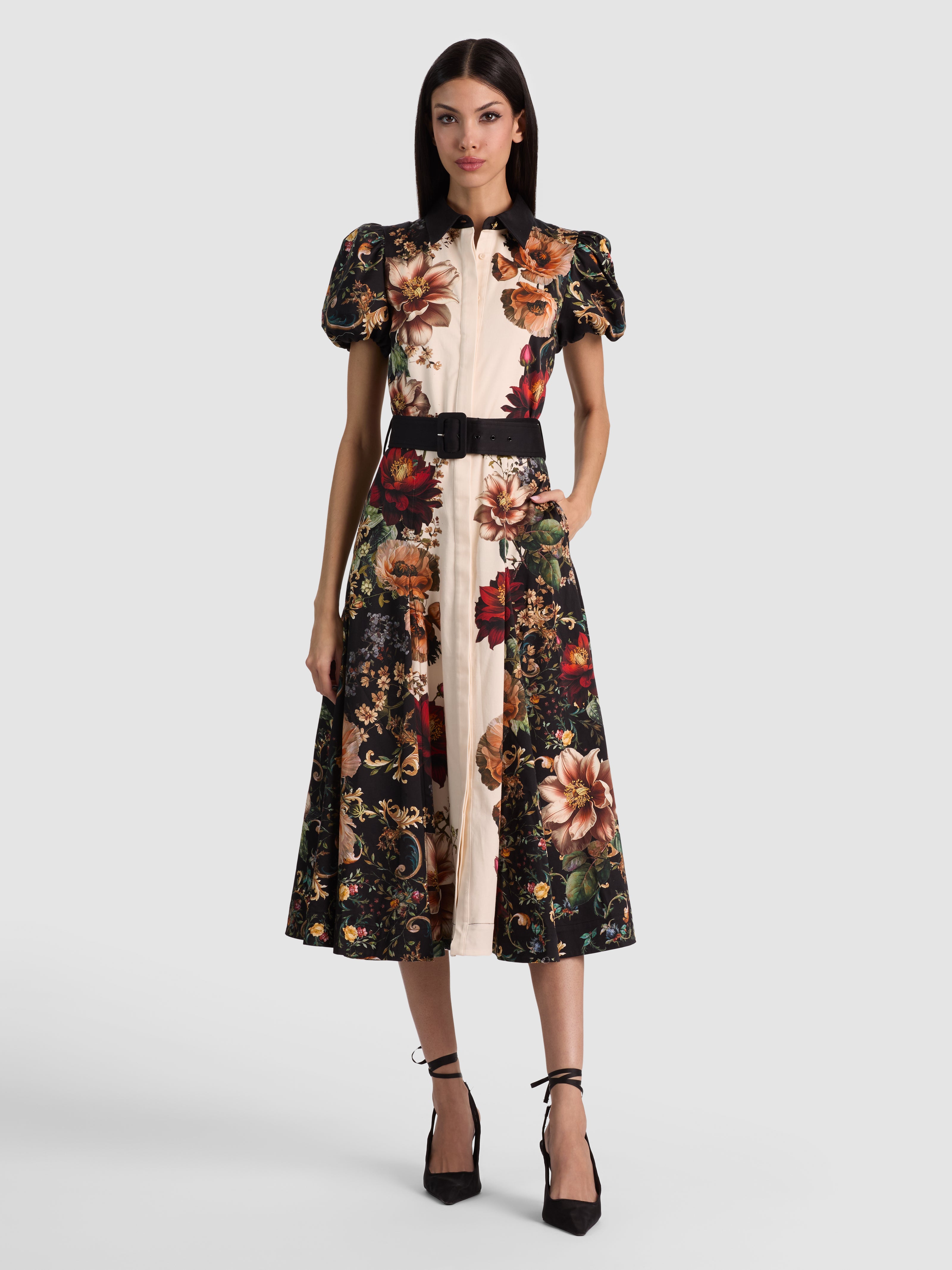 HENRIETTA FITTED FULL FLARE MIDI DRESS W BELT - FLORAL RADIANCE