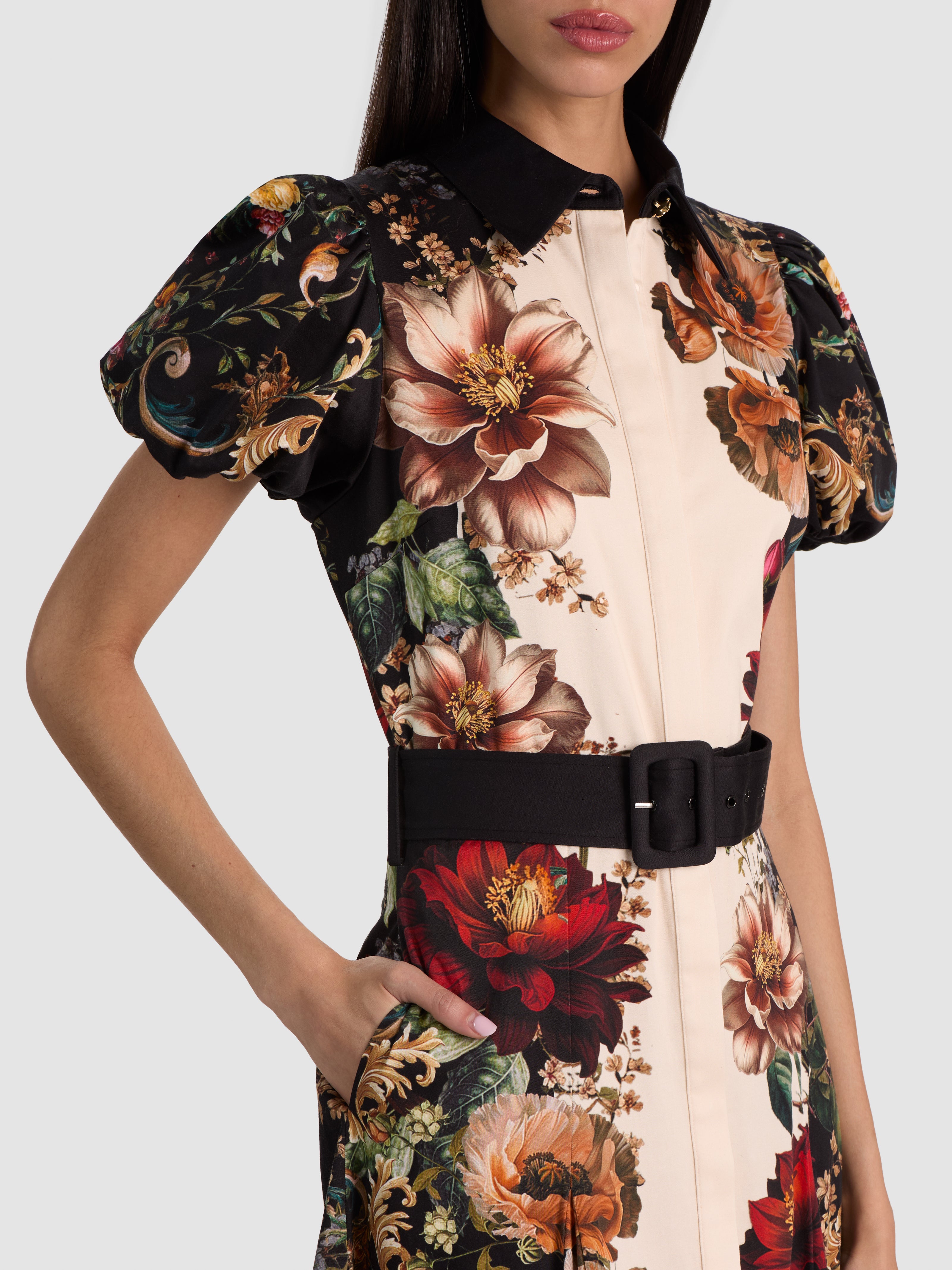 HENRIETTA FITTED FULL FLARE MIDI DRESS W BELT - FLORAL RADIANCE