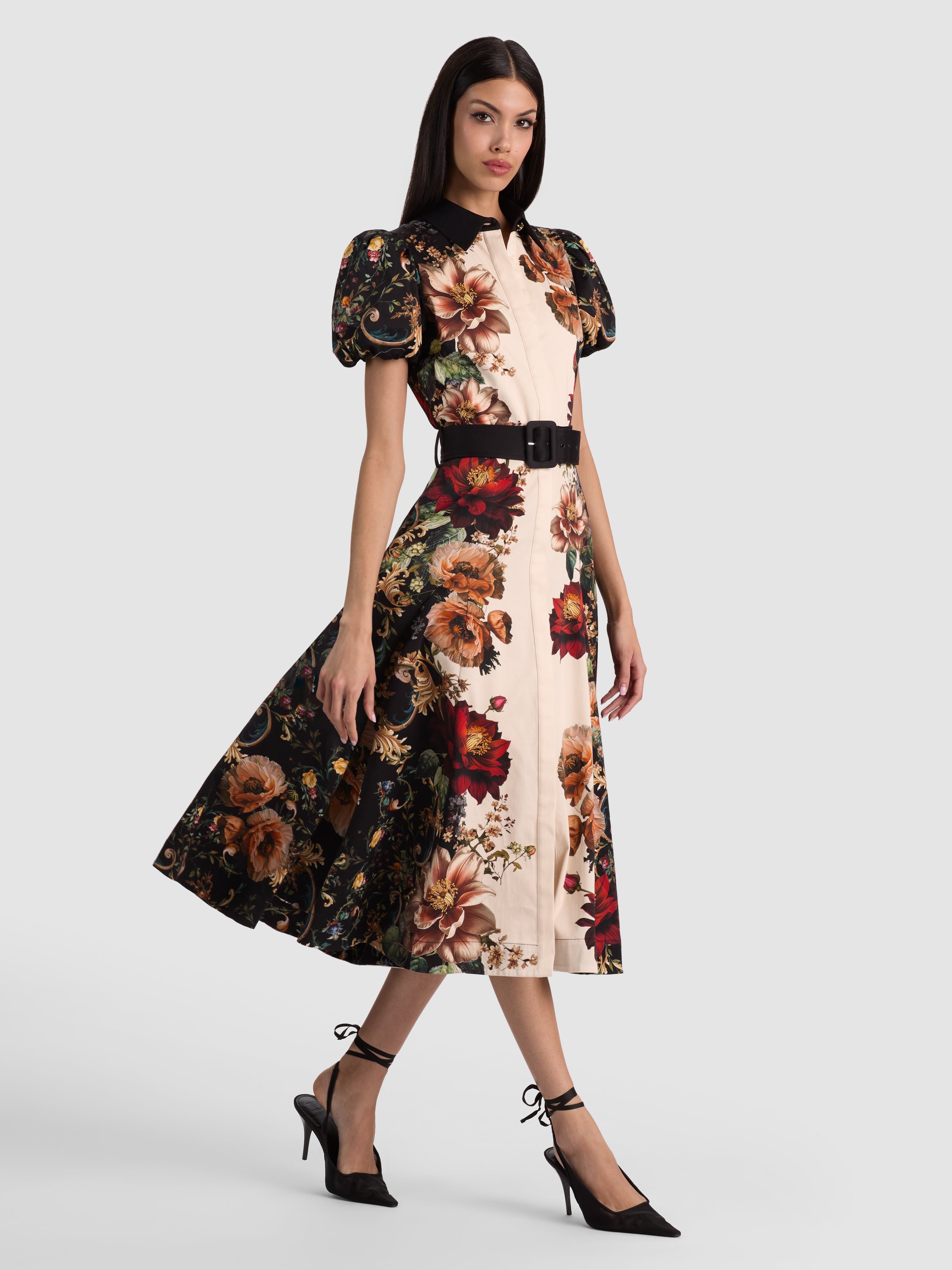 HENRIETTA FITTED FULL FLARE MIDI DRESS W BELT-ALICE + OLIVIA