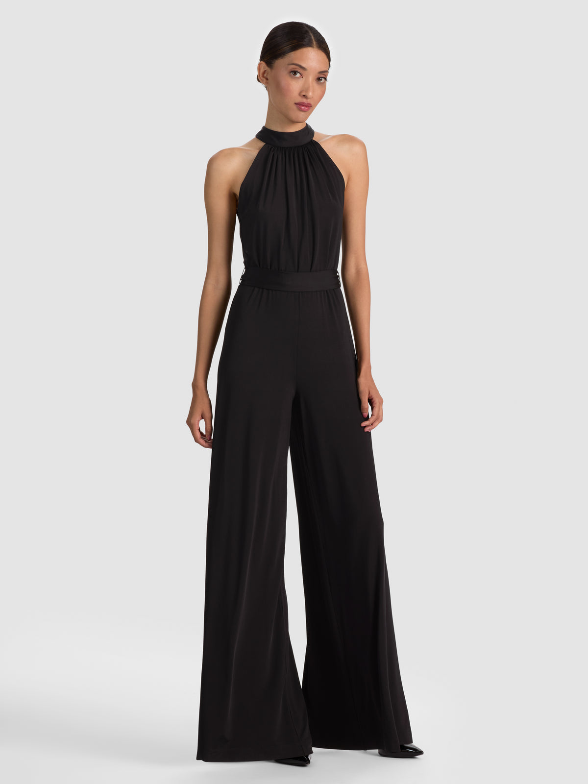 THELMA WIDE LEG JUMPSUIT W TIE BELT - BLACK