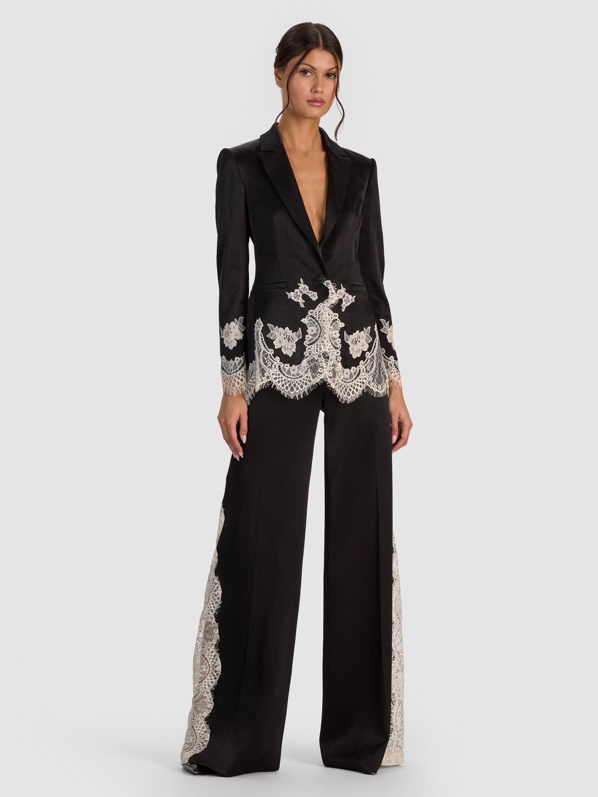 BREANN CUTAWAY LACE LONG FITTED BLAZER - BLACK/CHINO