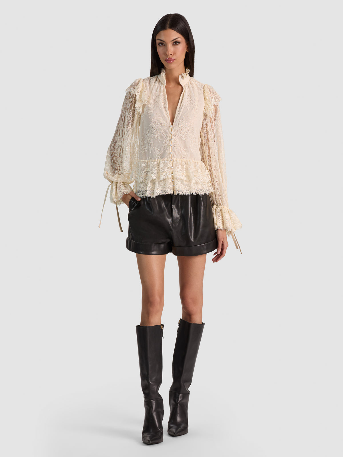 WILHELMINA LACE RUFFLE TOP-ALICE + OLIVIA