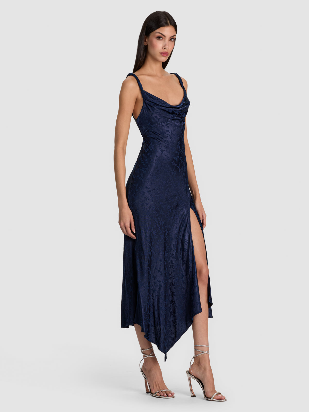 MONIQUE TWIST STRAP COWL NK ASYMM HI SLIT MIDI DRESS - MIDNIGHT BLUE