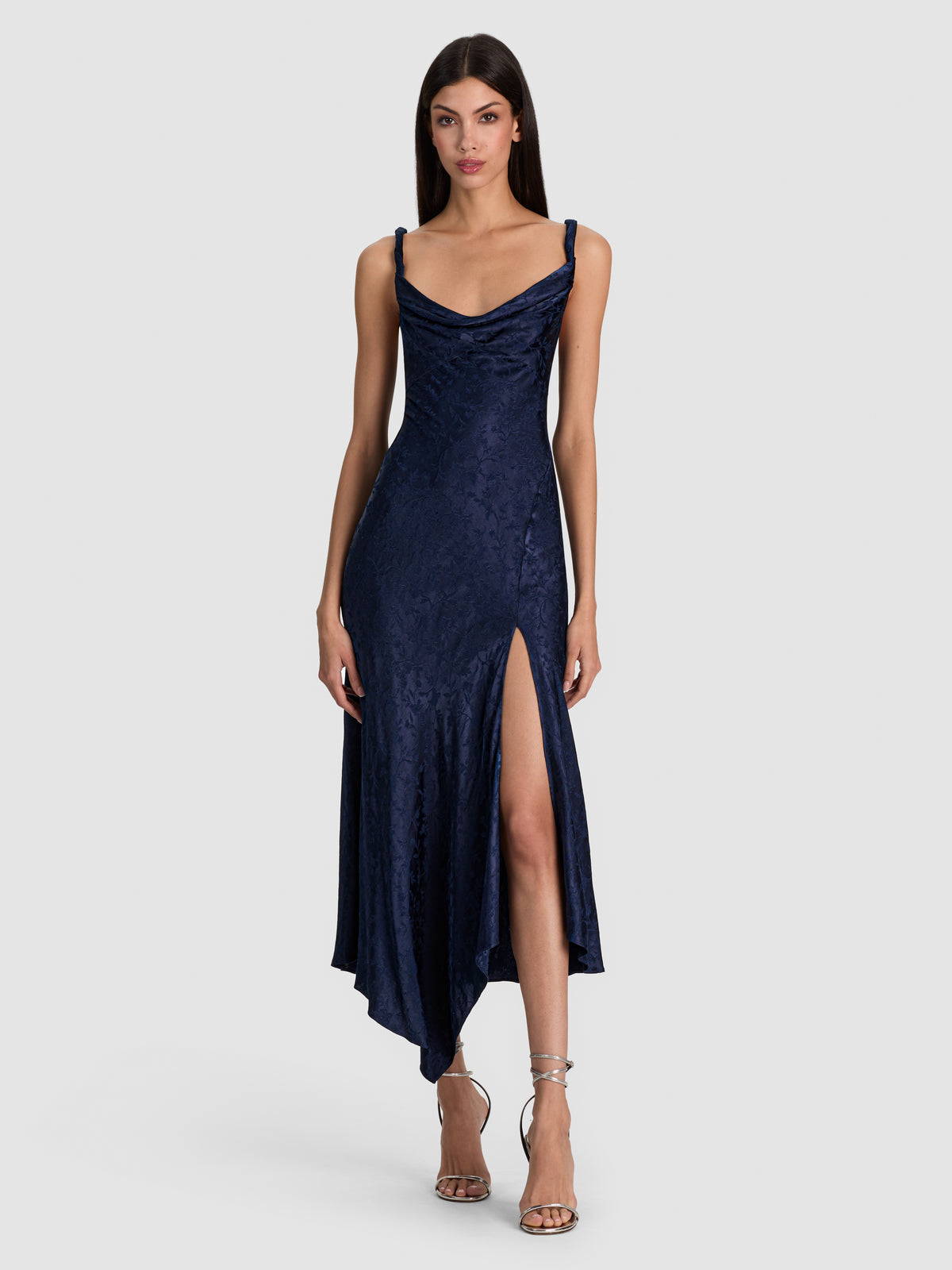 MONIQUE TWIST STRAP COWL NK ASYMM HI SLIT MIDI DRESS - MIDNIGHT BLUE