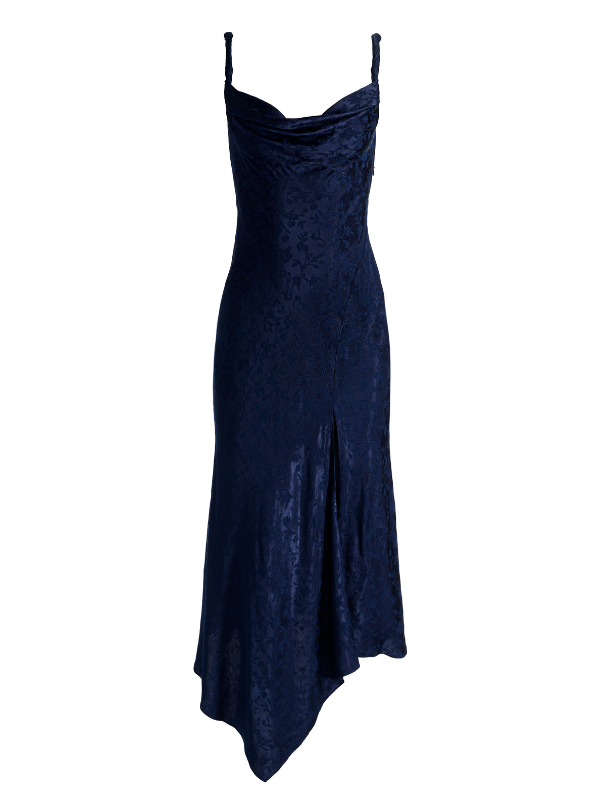 MONIQUE TWIST STRAP COWL NK ASYMM HI SLIT MIDI DRESS - MIDNIGHT BLUE