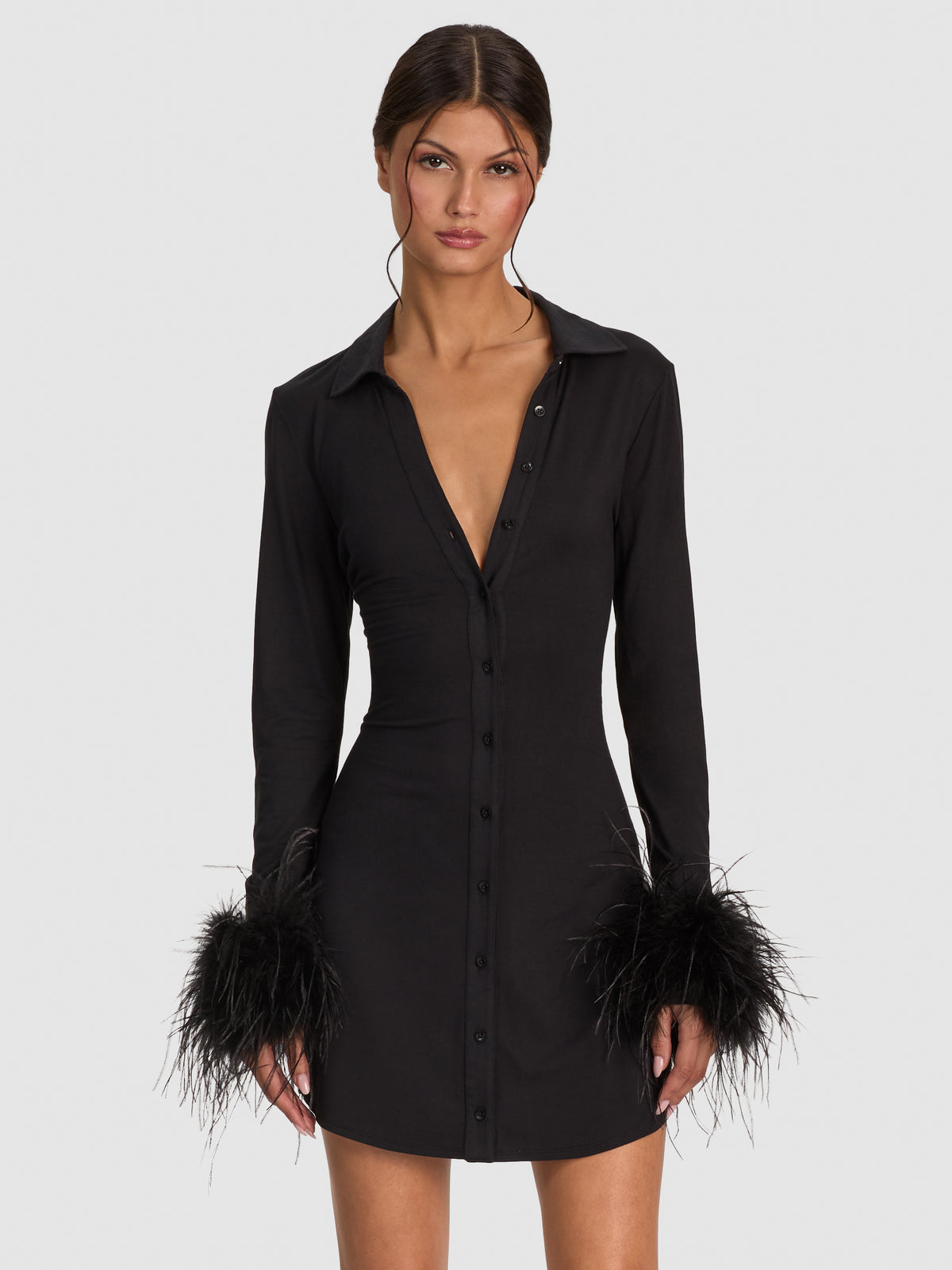 FREYA FEATHER BUTTON DOWN DRESS - BLACK